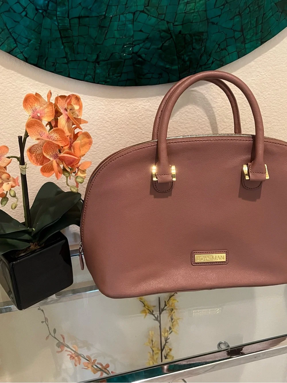 🔥 Joy & Iman Genuine Leather Satchel in Rich Cognac Brown With Gold Hardware